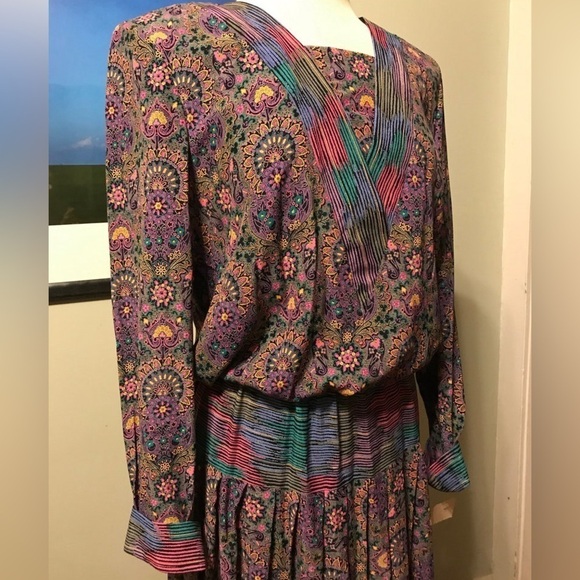 Vintage 80s Mindy Malone Dress Contrasting prints Bloused Top size 14 women maxi - Picture 2 of 7